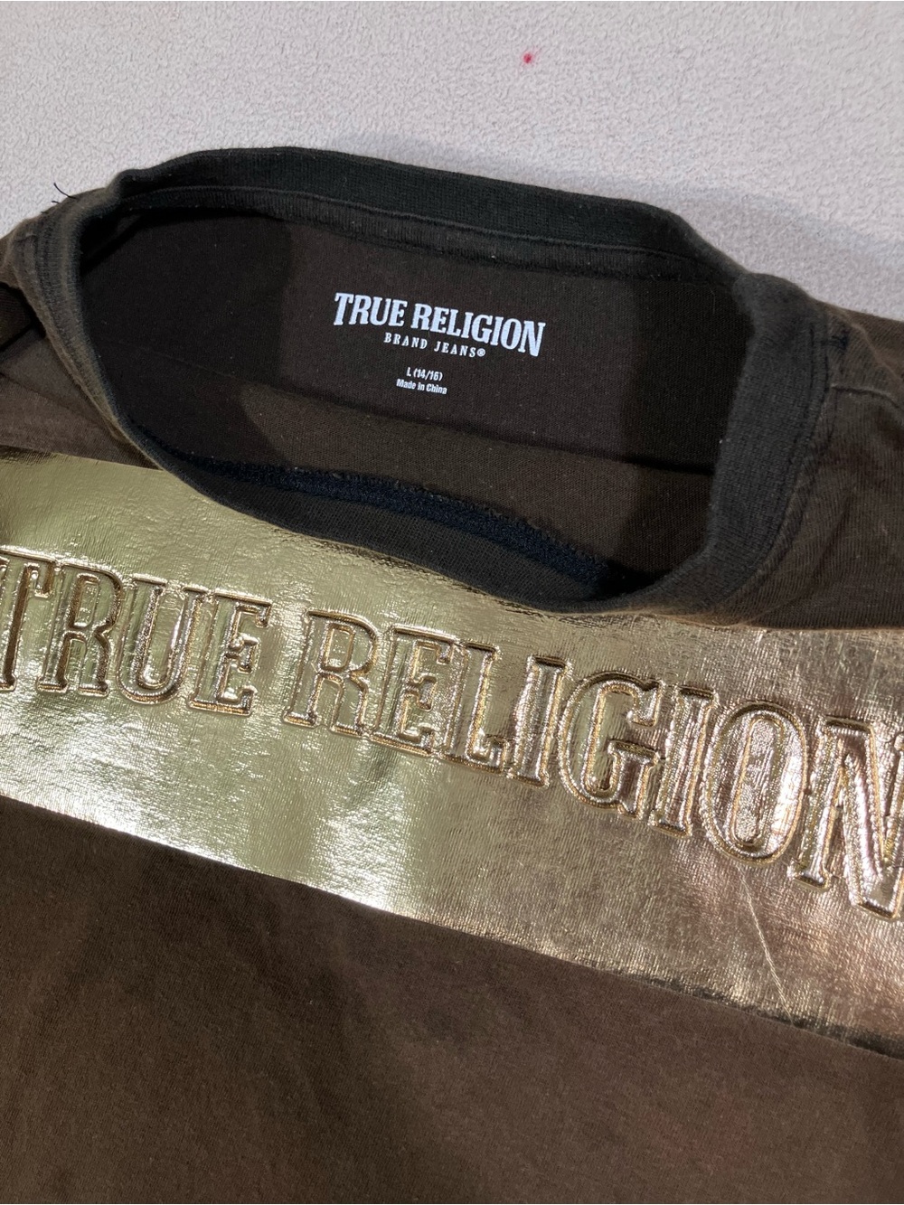 True Religion Youth Large L 14/16 Brown Gold Metallic Foil Block Logo Tee